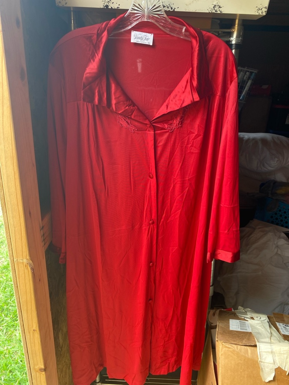 Vanity Fair Red Satin Button-Front Nightgown with Turned Collar